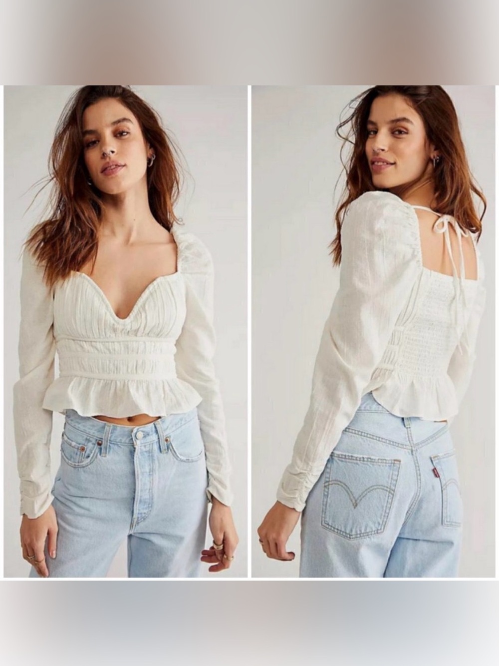 Free People Ivory Smocked Peplum Long Sleeve Tie-Back Top